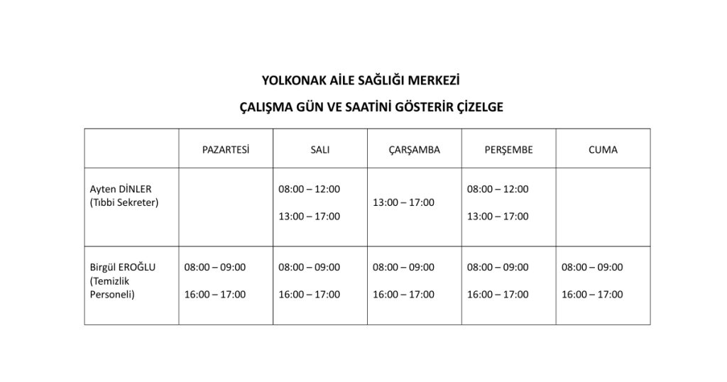 YARDIMCI PERSONEL ÇALIŞMA CETVELİ